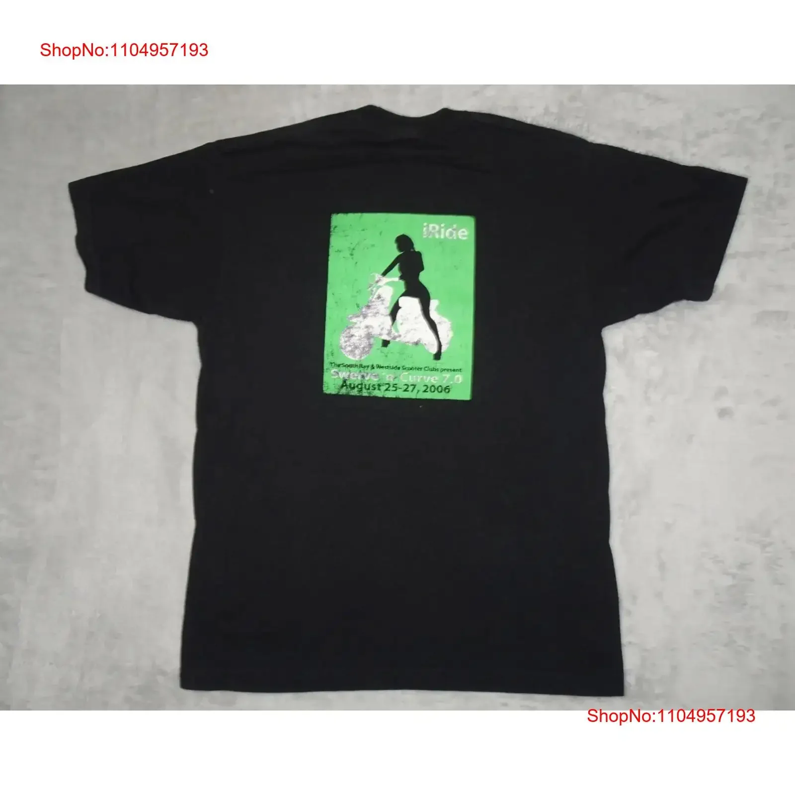 Camiseta South Bay Motor Scooter Club iRide Swerve n Curve 2006, Mods negros grandes, gráficos vintage lavados para hombre estirados