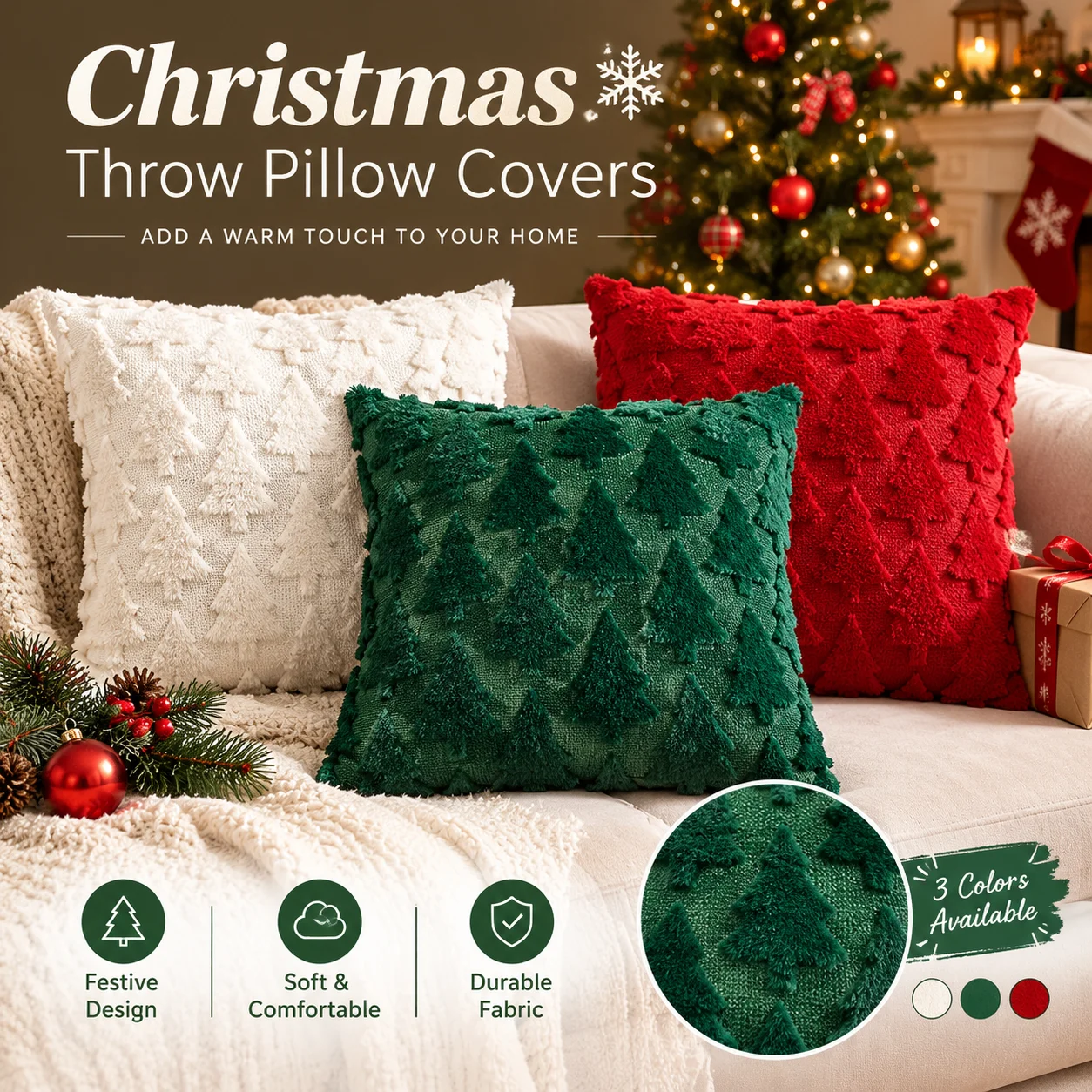 Christmas Tree Tufted Pillow Cover Embroidered Xmas Cushion Cover Decorative Throw Pillowcase for Living Room Sofa Holiday