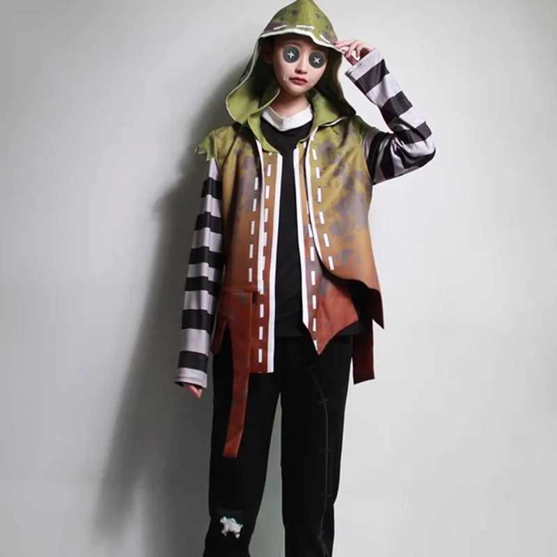 

Identity V Mercenary Assassin Cosplay Costume green Cloak with cap Striped long-sleeved Top black Pants Full Sets A