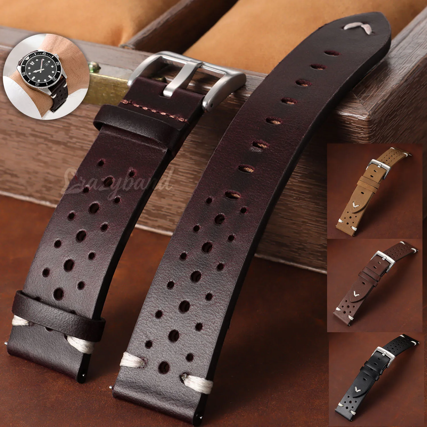 20mm22mm Quick Release Breathable Calfskin Leather Watch Strap Universal Black Red Brown Oil Wax Cowhide Band Women Men Bracelet
