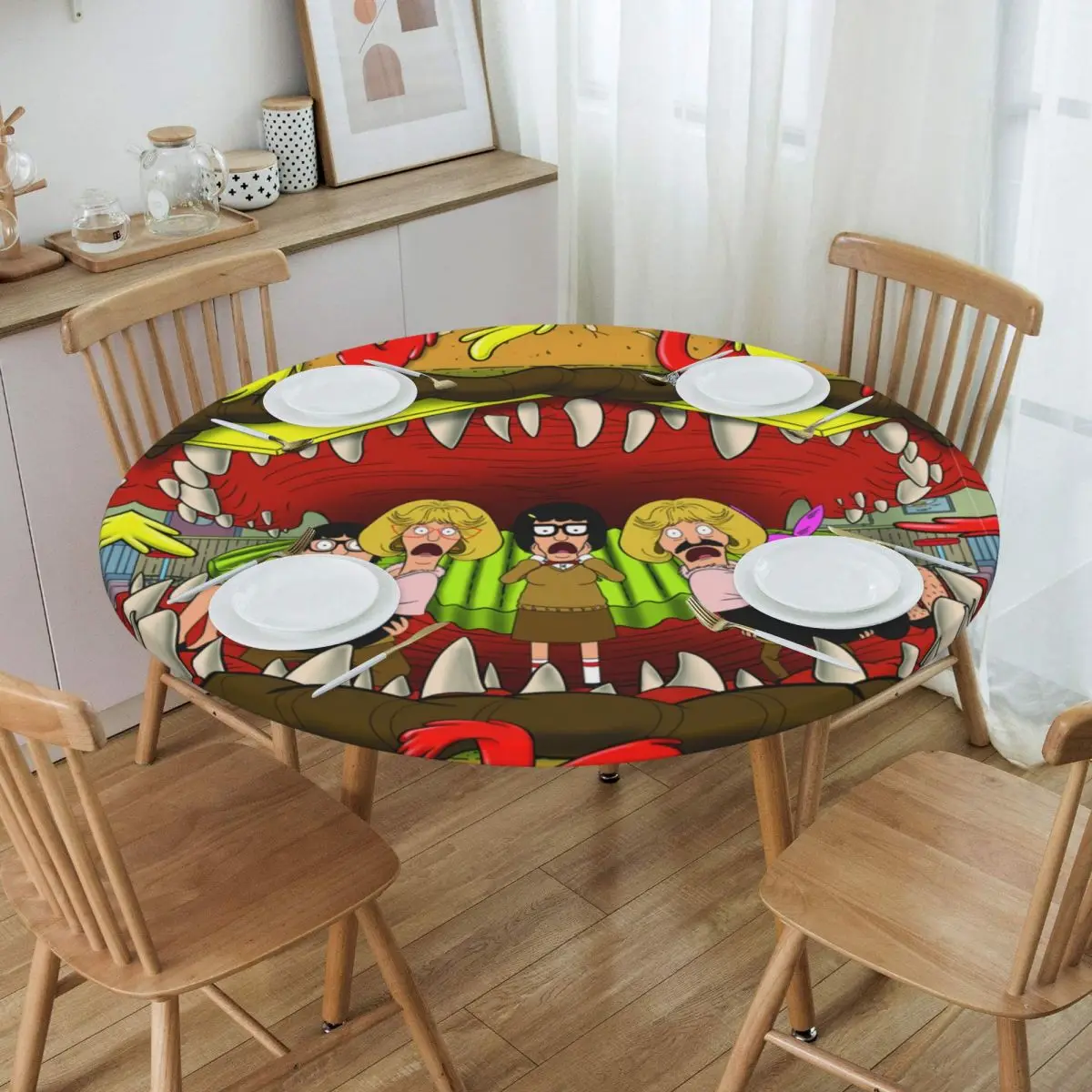 Round Oilproof Disney Bob's Burgers American Animation Table Cover Elastic Table Cloth Backing Edge Tablecloth for Dining