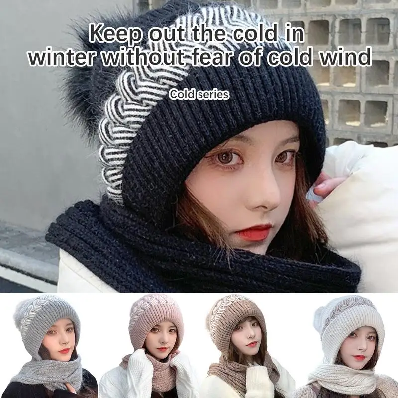 Winter Hoodie Hat Scarf Set Womens Winter Beanie Hat Scarf Set Warm Knit Hats Winter Hat Fashion Knitted Hooded Scarf Hat