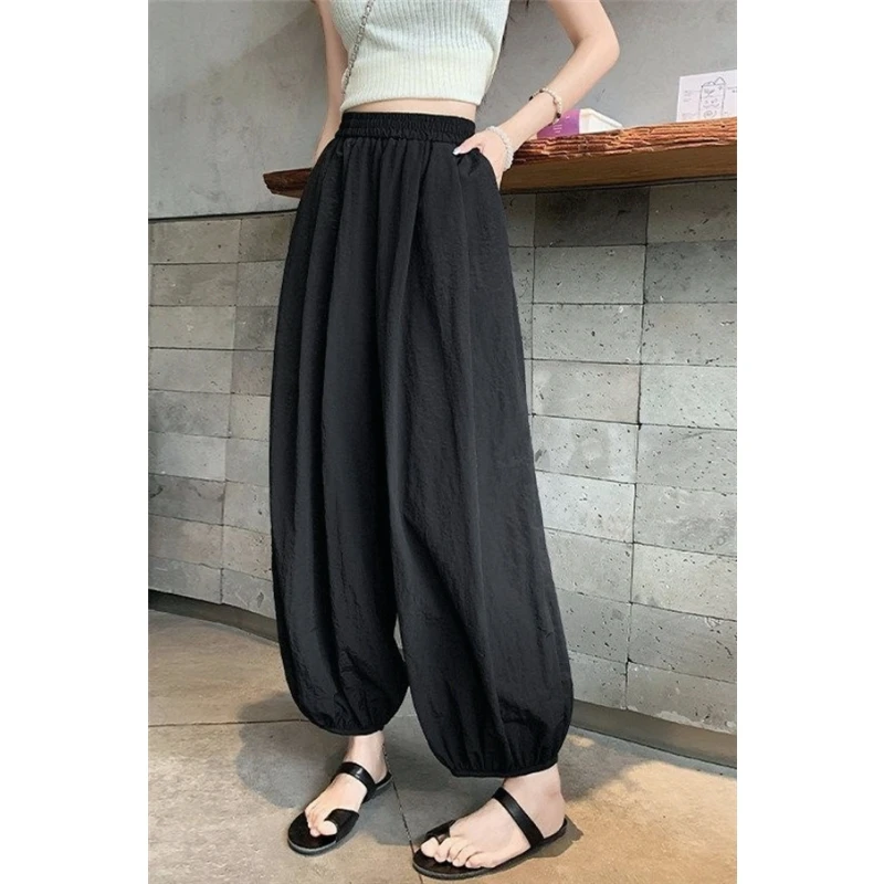 Slimming Summer Thin Ice Silk Casual Pants Loose Large Size Harlan Sports Lantern Pants Long Leg Length Natural Waist