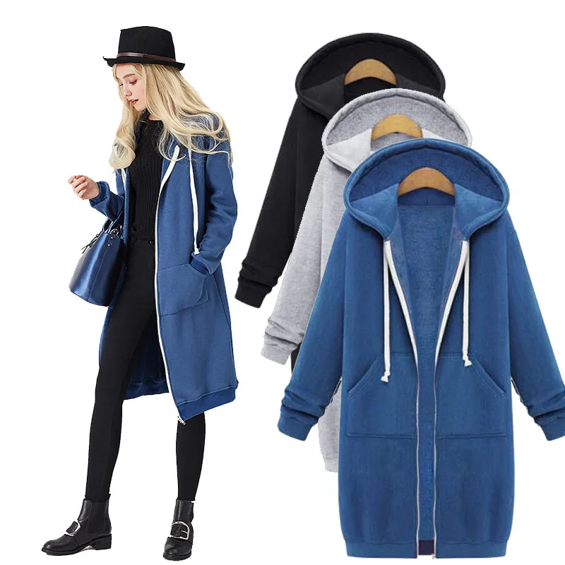 plus Size Oversized Hoodie Jacket Women's Autumn Long Fleece Thickened Open Cardigan Coat Korean Style Commute Pure Color