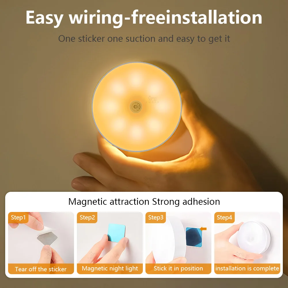 Applique murale LED magnétique avec détecteur de mouvement, Rechargeable par USB C, veilleuse à intensité variable, pour escaliers, chambre à coucher, décoration de la maison