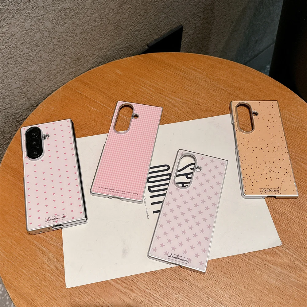 

Korean Plaid Small Heart Stars Phone case for Samsung Galaxy Z Fold7 6 5 Fold5 fold6 Fold 5 6 7 Funda Ins Cute Shockproof Cover