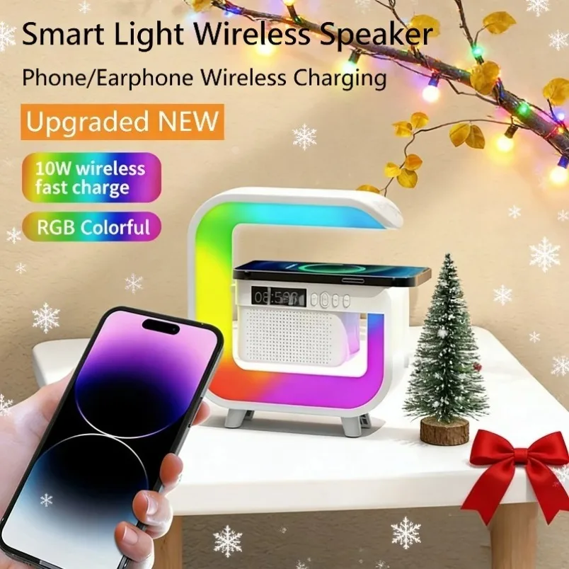 

Портативная многофункциональная беспроводная зарядная станция 4 в 1, настольный динамик, RGB ночник, будильник, время для iPhone 17-12 Pro, подарок