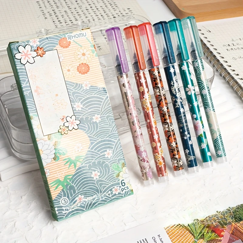 مجموعة أقلام كرة دوارة لصق الأزهار مكونة من 6 قطع، طرف رفيع 0.5 مم، حبر سائل سريع الجفاف، مادة بلاستيكية متينة، كتابة سلسة، مكتب أ #1