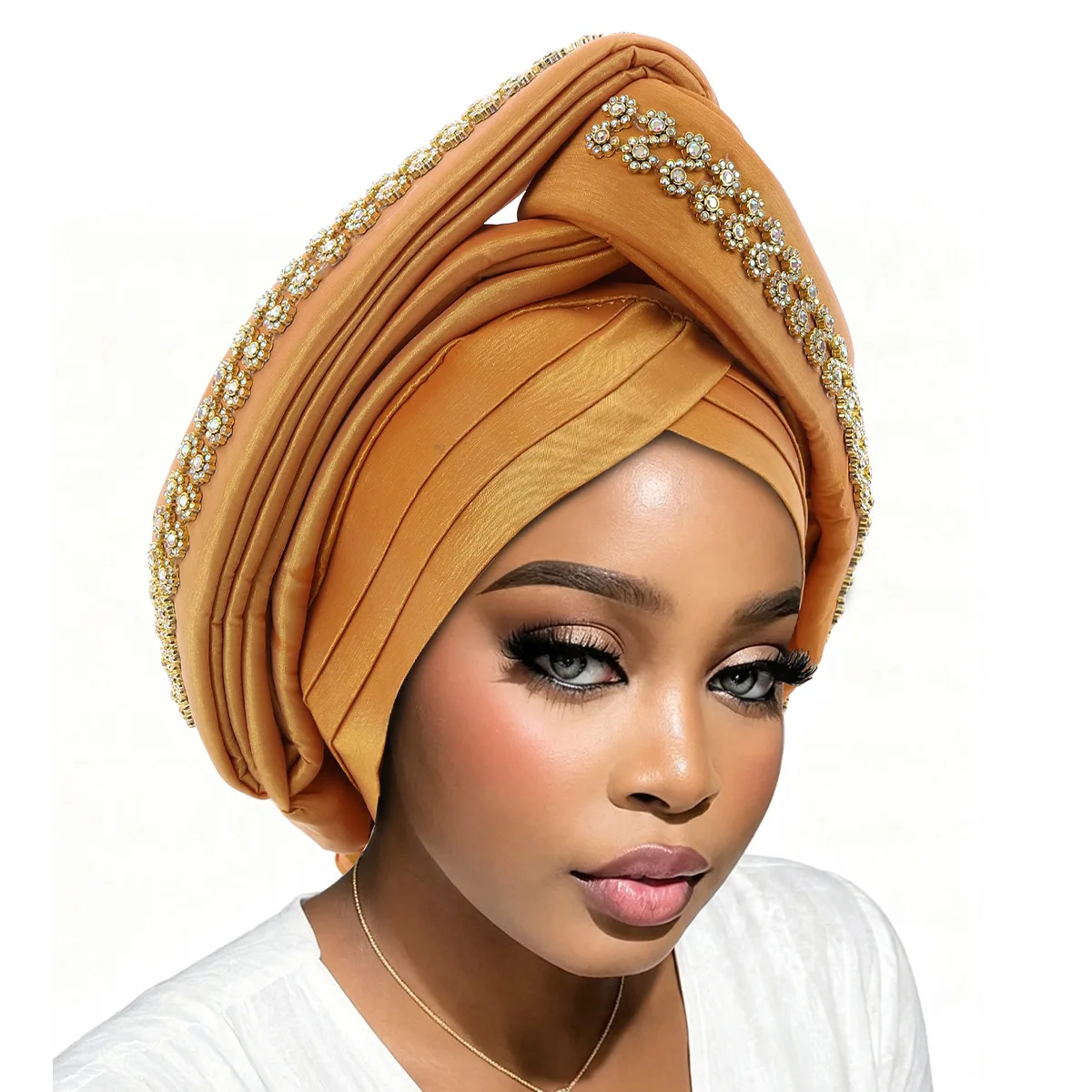 Diamond Cross Pleated Turban Cap For Women African Headscarf Auto Gele Muslim Hijab Bonnet Head Wrap Headband Hat Party Headwear