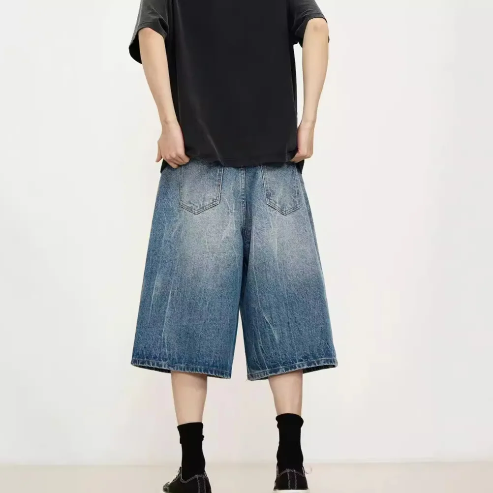 American Retro Loose Silhouette Washed Old Seven-point Denim Shorts Men's And Women's High Street Design Wide-leg Pants