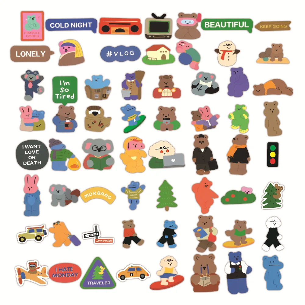 50PCS Cute Ins Koala Rabbit Bears Waterproof Stickers for Helmet Bicycle Hand Account Pencil Case Decals