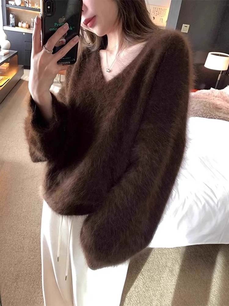 

Brand Women's Loose V-Ne Mink Sweater Soft Comfortable Knitted Top Trendy Autumn Winter Faion Korean Sle Casual Wear