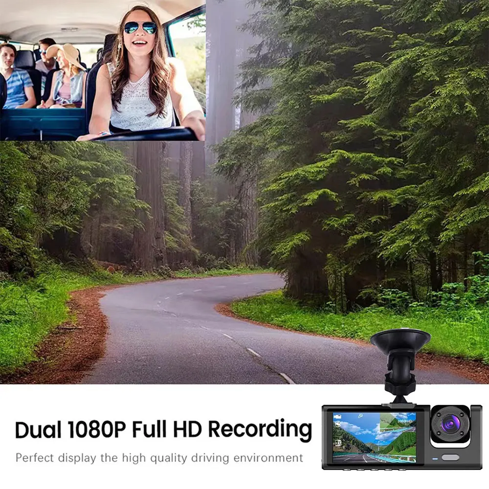 1080P DVR Dash Camera Front & Inside & Rear 2 Inch Screen Dashcam with Night-Vision Loop Recording One-Key Lock Standard - Image 4