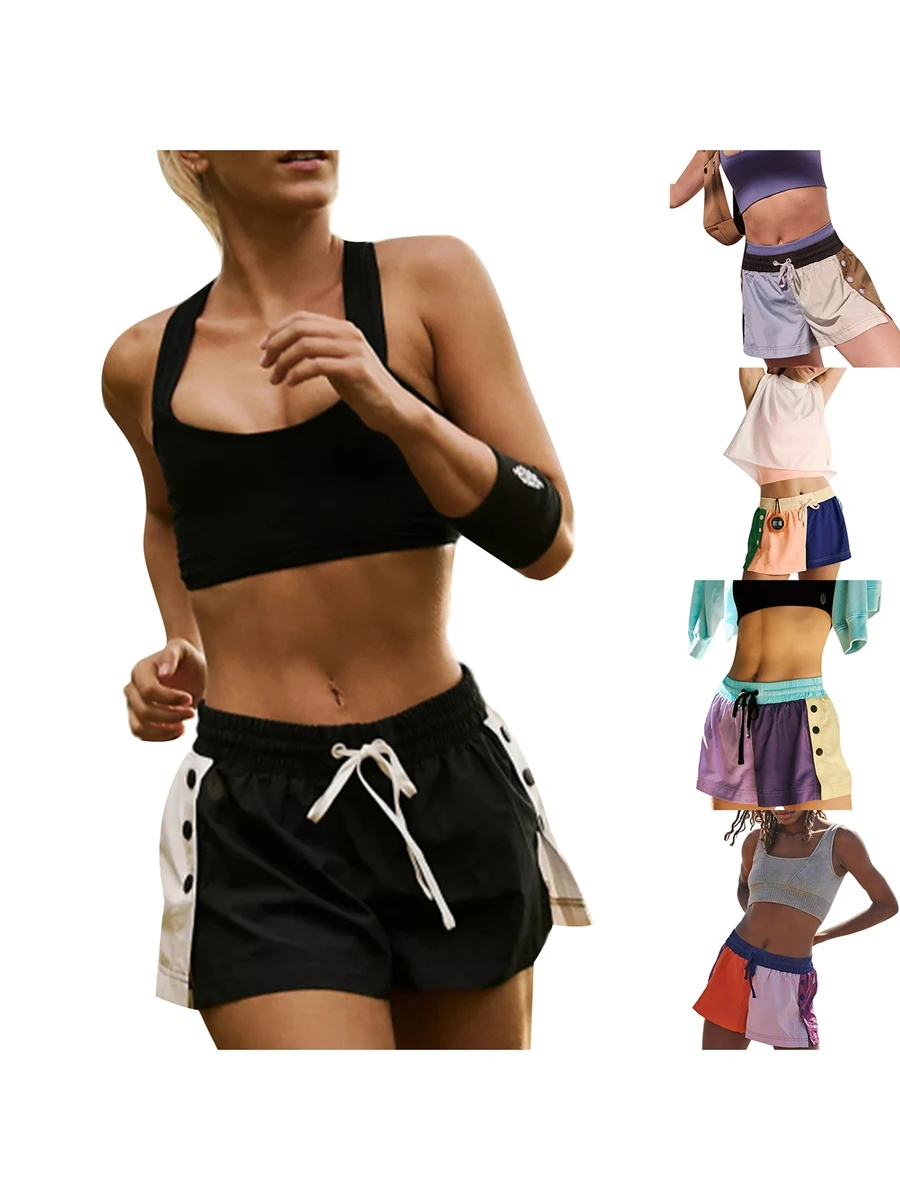 

Women Contrast Color Athletic Shorts Patchwork Colorblock Slit Joggers Shorts Elastic Waist Workout Sweat Shorts