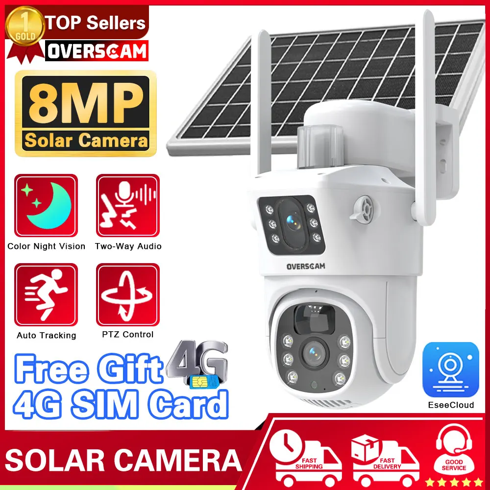 

Free 4G sim card Solar Camera Camera 8MP 4K CCTV Battery Cameras Outdoor Dual Lens Smart Home Security Monitoring Surveillance