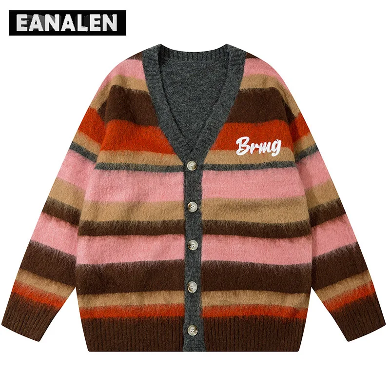 Harajuku Vintage Striped Cardigan Women\'s Winter Oversized Knitted Button Cardigan Jacket Jumper Casual Grandpa Ugly Sweater men