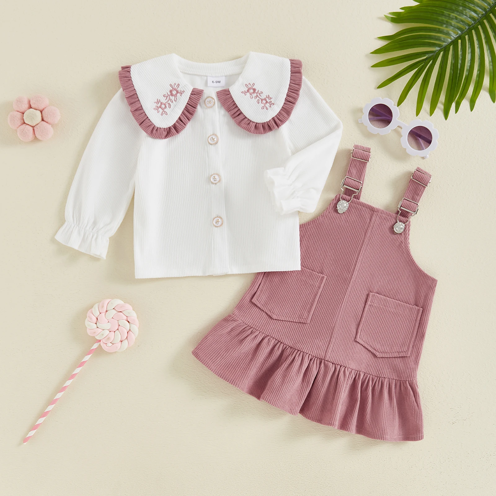 

2Pcs Newborn Baby Girls Clothes Infant Autumn Set Long Sleeve Doll Collar Shirt with Ruffled Overall Dress Spring Outfits Suit