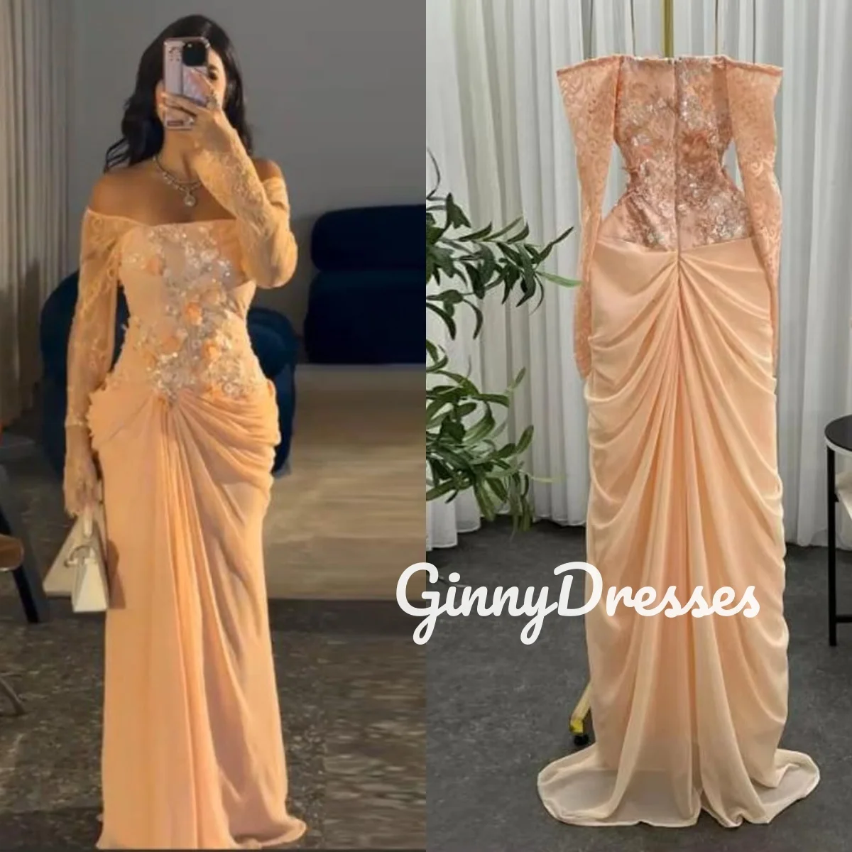 

Dubai Luxury Evening Dress Customize A-Line Off-The-Shoulder Long Sleeves Dresses For Prom Lace Floor-Length Formal Occasion Dre