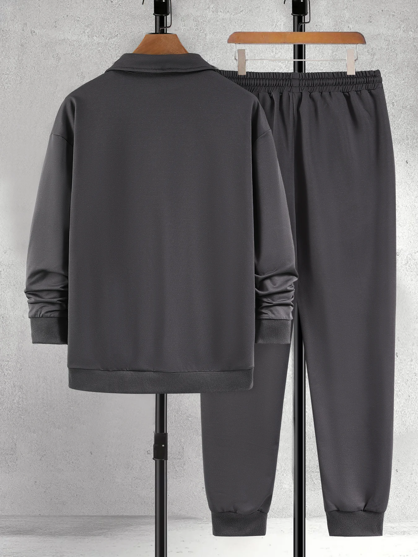 Men's Two-Piece Set with a Half-Zip Sweatshirt and Jogger Pants, Dark Gray Solid Color Business Casual Sports Suit, Simple and Versatile Everyday Comfortable Men's Outfit Set view 3