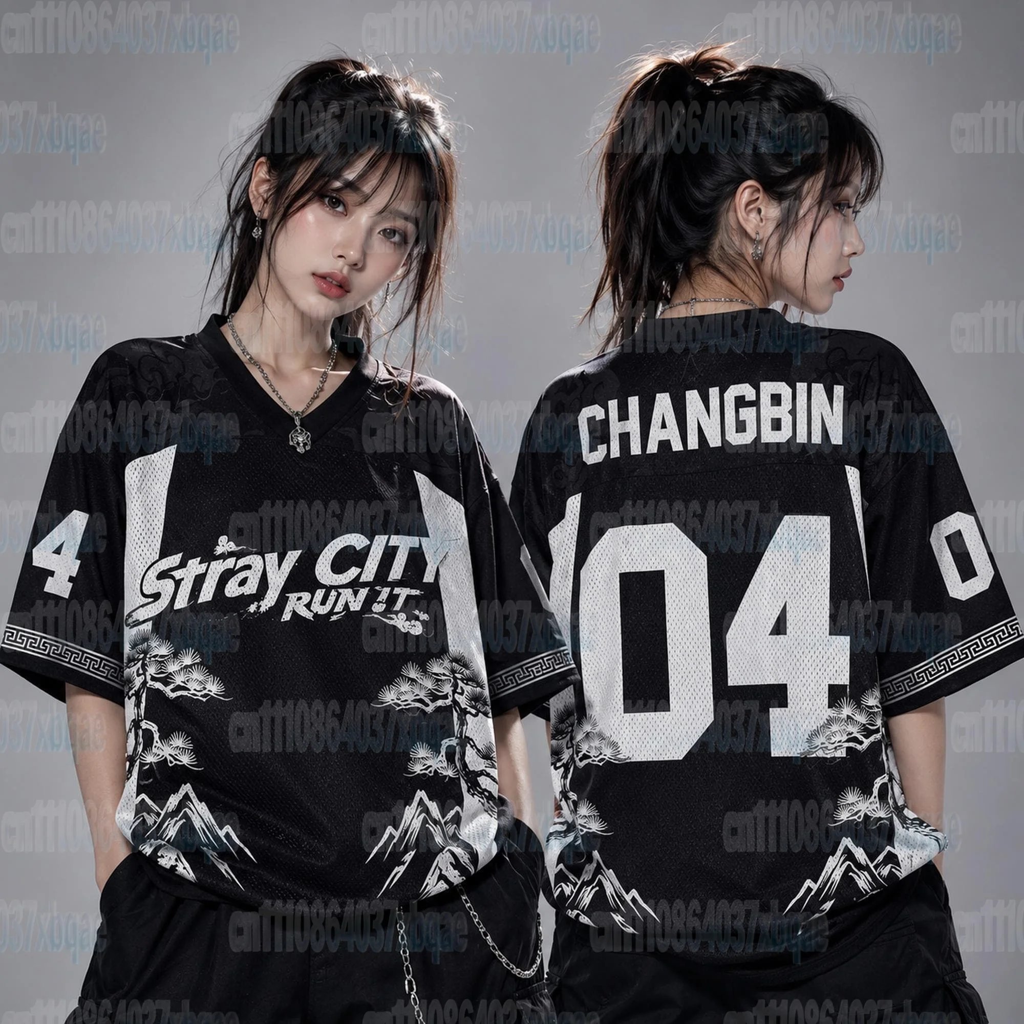Stray City Felix 01 V-Ausschnitt Sporttrikot Kurzarm Unisex Oversized Kpop Fan Streetwear Konzert Casual Top FamilyMatching – Detail 7