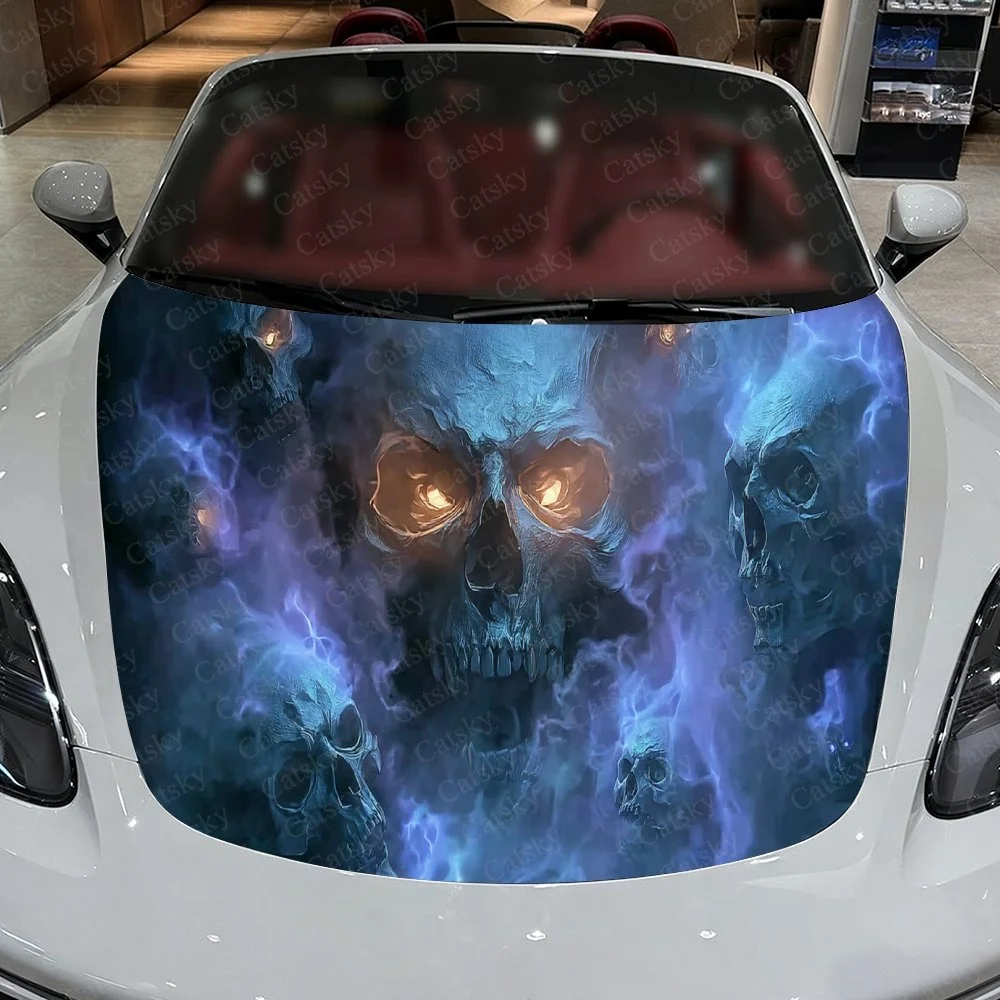 

Glowing skull design with electric blue flames, bold and edgy for car hood decal.Car Vinyl Wrap, PVC Material Waterproof Car Hoo