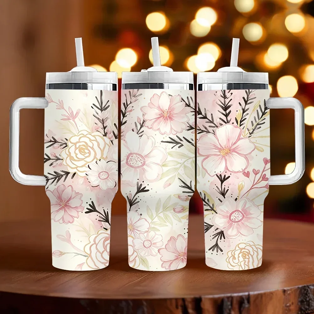 40oz Insulated Tumbler with Straw And Handle, Elegant Pink Floral Print, Perfect Festival Birthday Gift for Women And, Suitable for All Kinds Of Daily And Outdoor Activities, Offers Long Lasting Thermal Insulation