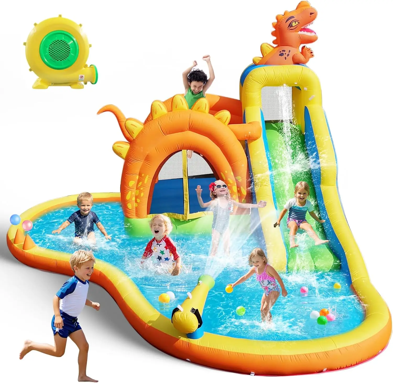 Dinosaurus opblaasbaar waterglijbaanpark - 7-in-1 springhuis met glijbaan, springgebied, splashpool, klimmuur en basketbalring |