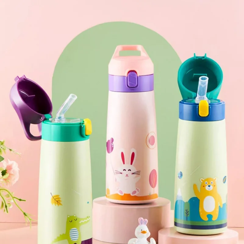 

Children's Thermos Cup with Straw Water Cup Cute Animal Print Girl Available Large Capacity School Stainless Steel Kettle Cup