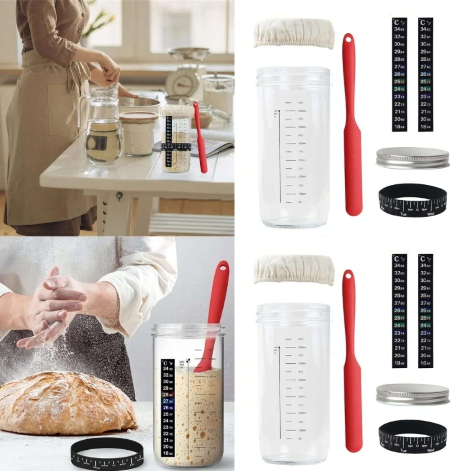 Large, Essential Bread Baking Supplies Set - Ideal Starter Kit with Complete, Convenient Thermometer and Wide Opening Glass Jar 