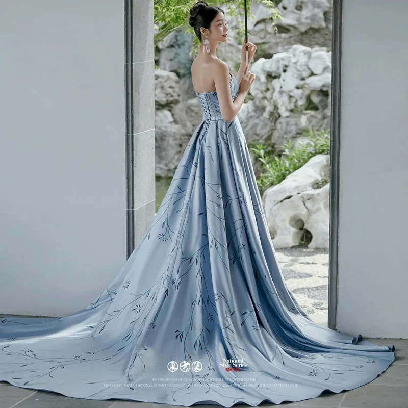 

Vintage Blue Print Fish Tail Wedding Dress Couple Photography Studio Theme Clothing Chinese Traditional Style Costume Tailoring