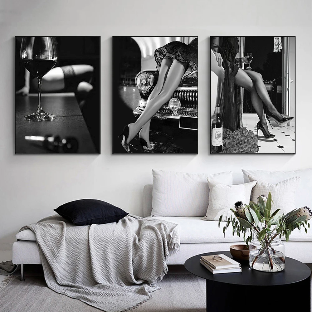 Black White Sexy Beauty Legs Stockings Posters Prints Wine Glass High Heels Canvas Painting Wall Art for Living Room Home Decor