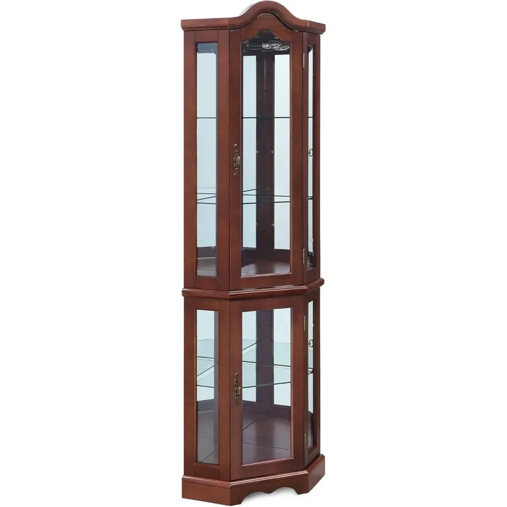 Lighted Corner Display Curved Top Curio Cabinet Wooden Shelving Unit with Tempered Glass Door, Bar and Liquor Storage Area