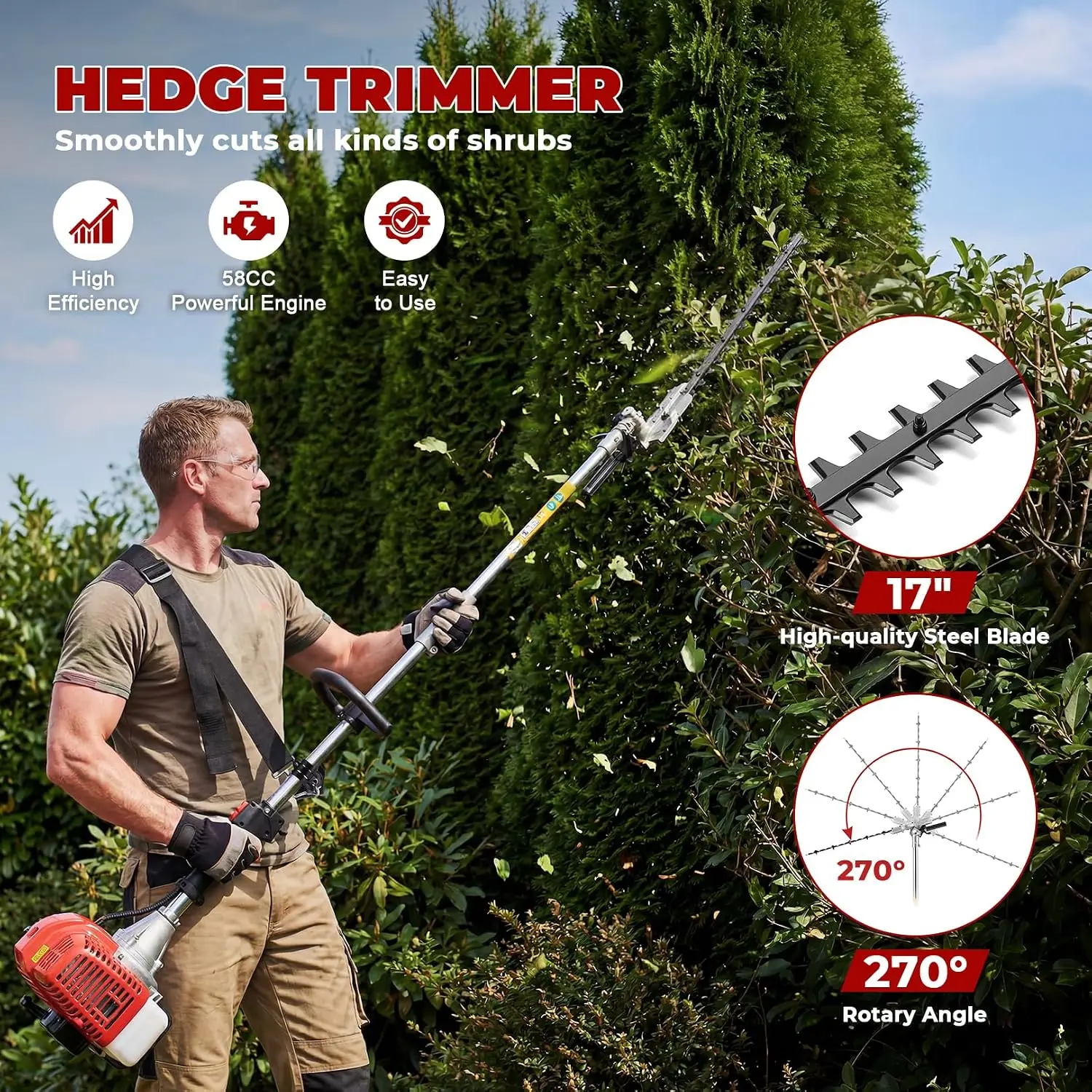 58CC Gas Powered String Trimmer, 5-in-1 Multi-Function Weed Wacker | 2-Cycle Weed Eater, Pole Saw, Brush Cutter, Hedge Trimmer, 6 Heads, U-Handle, Easy Start, Padded Strap for Yard Care