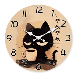 Retro Cute Black Cat Drinking Coffee Pattern Wooden Wall Clock Living Room Bedroom Kitchen Home Decoration Wall Clock Silent Quartz Clock Holiday Gift 10 Inches 12 Inches 14inch 16inch (No Battery)