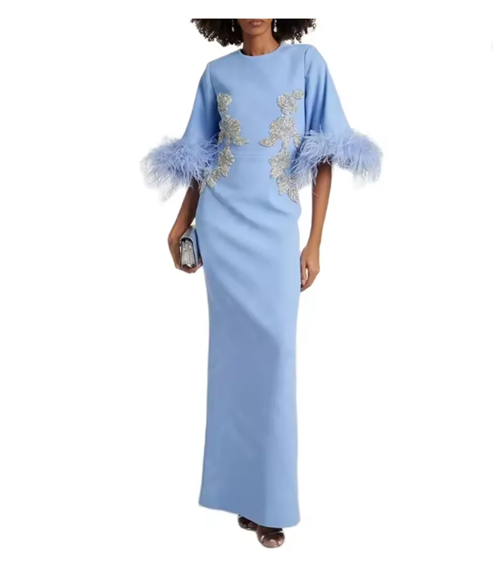 Nuevo vestido de plumas azul bebé 2024, vestido para madre para mujer, vestido para madre de la novia de manga 3/4, vestido árabe para invitados de boda con abertura en la espalda