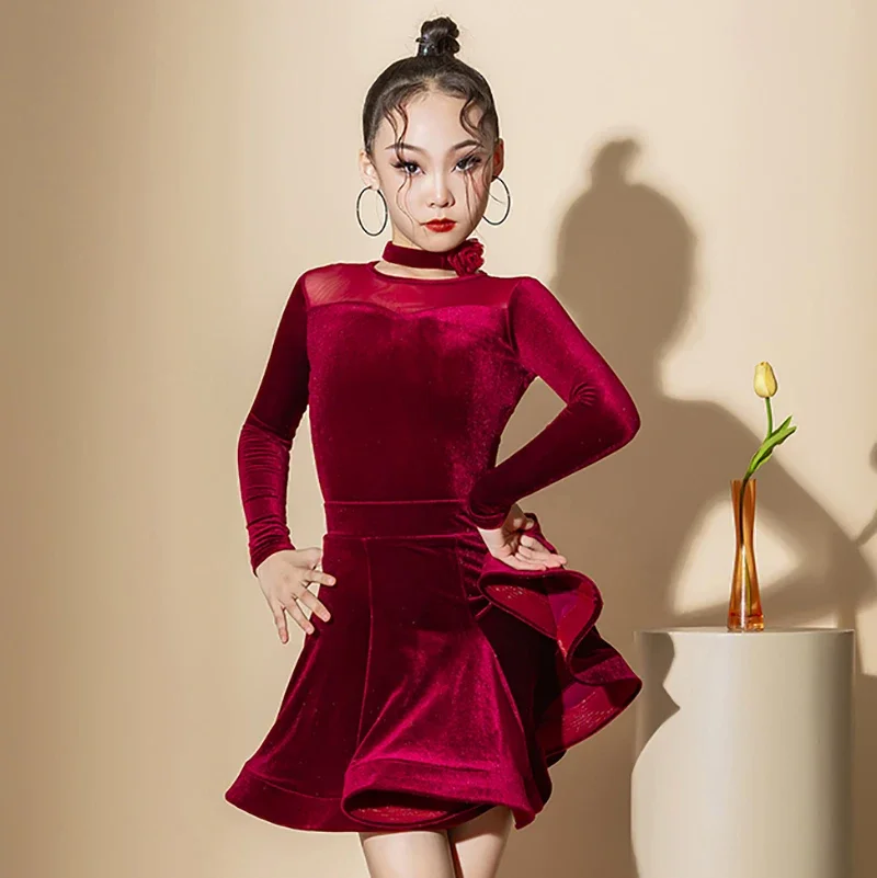 Bordeaux fluwelen bodysuit met lange mouwen en strik en rokken Latin danskleding kinderen meisjes Rumba Chacha prestatiewedstrijdkostuums