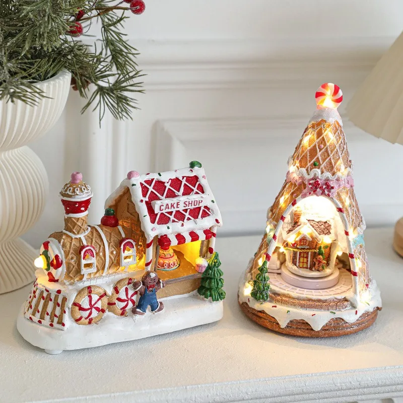 

Christmas Village Houses Light Up With Spinning Train Scene Ornament Lighting Santa Claus Snow Figurine Electric Music Box Decor