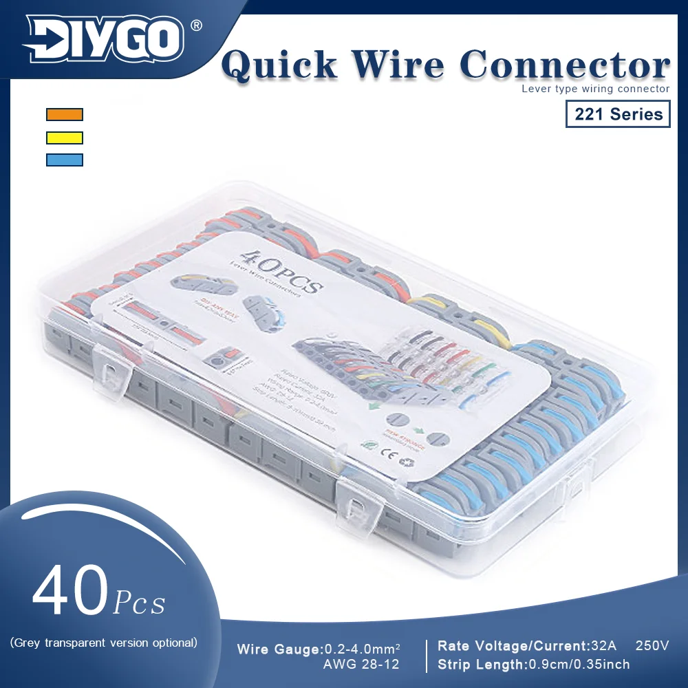 40PCS 221 Series Quick Wire Connector Lever Type Wiring Terminal Block 0.2-4.0mm² 32A 250V Reusable Electrical Cable Connectors
