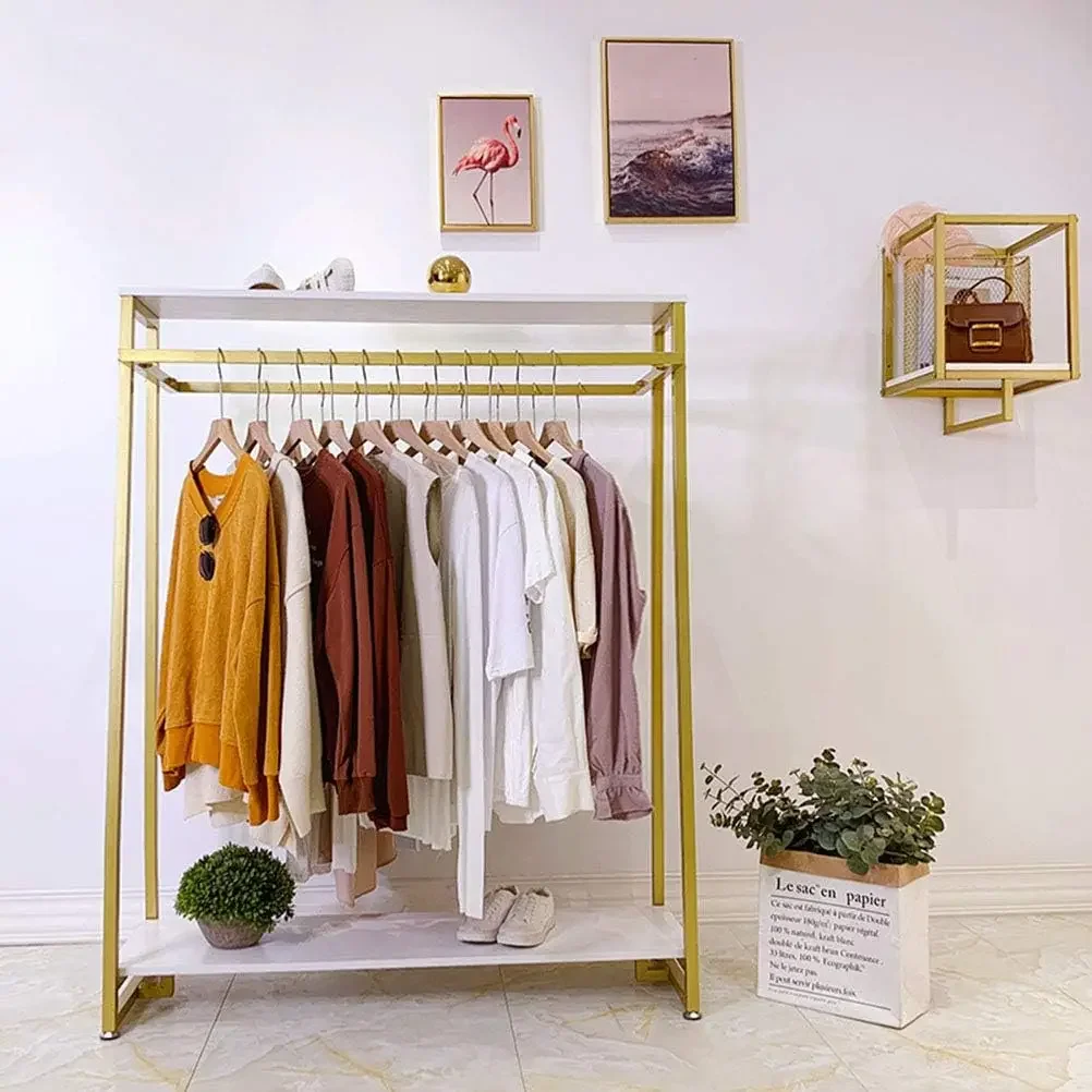 FONECHIN Metal Garment Rack with 2 Wood Shelves Gold Clothing Rack Heavy Duty Free-Standing Retail Display Clothes Racks for Han