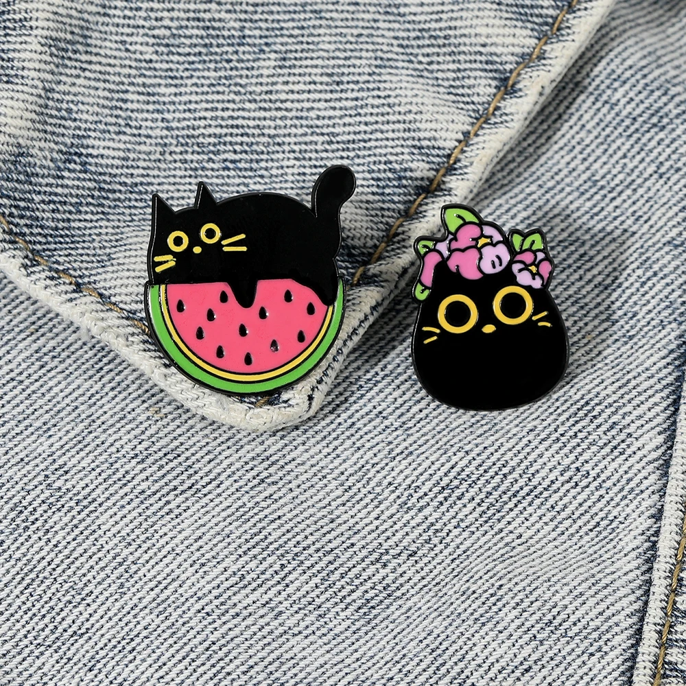 Cute All Black Cats And Watermelon Pattern Enamel Pins Flower Kitten Kitty Head Shaped Brooches Bag Backpack Clothes Badge