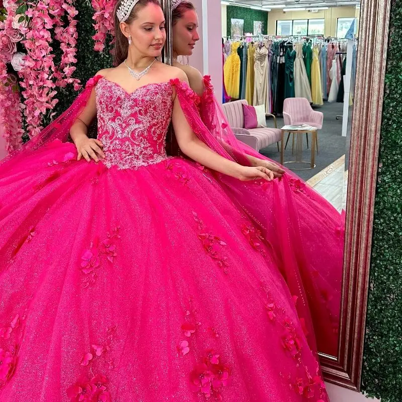 Lorencia-vestido De quinceañera rosa roja para niñas, apliques De flores 3D, cuentas con capa, corsé mexicano, dulce 16 Vestidos De Fiesta YQD545