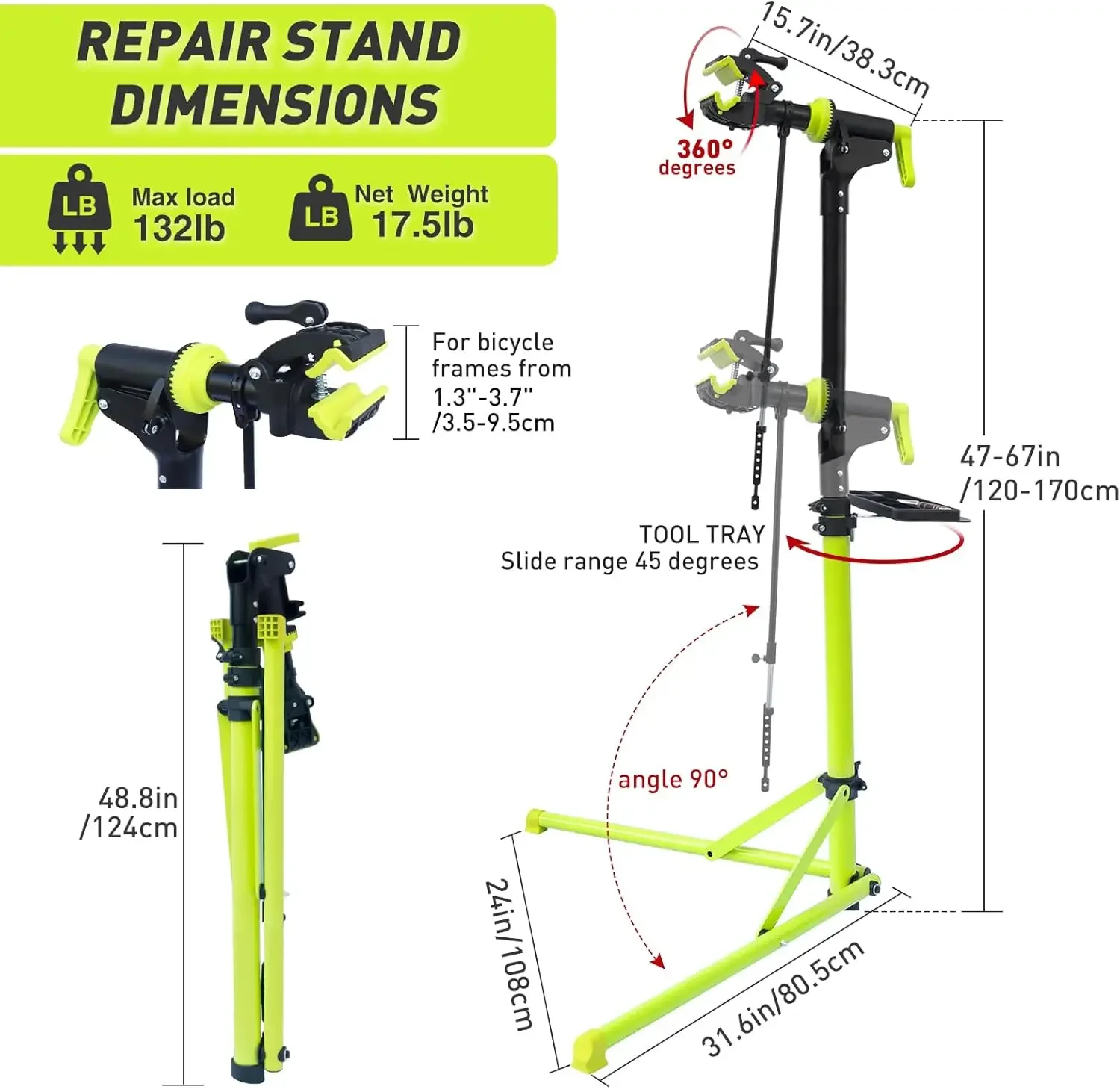 Soporte de reparación de bicicletas (máx. 132 libras) - Soporte de bicicleta plegable para mantenimiento de bicicletas de carretera y de montaña, soporte de reparación de bicicletas para E-bi