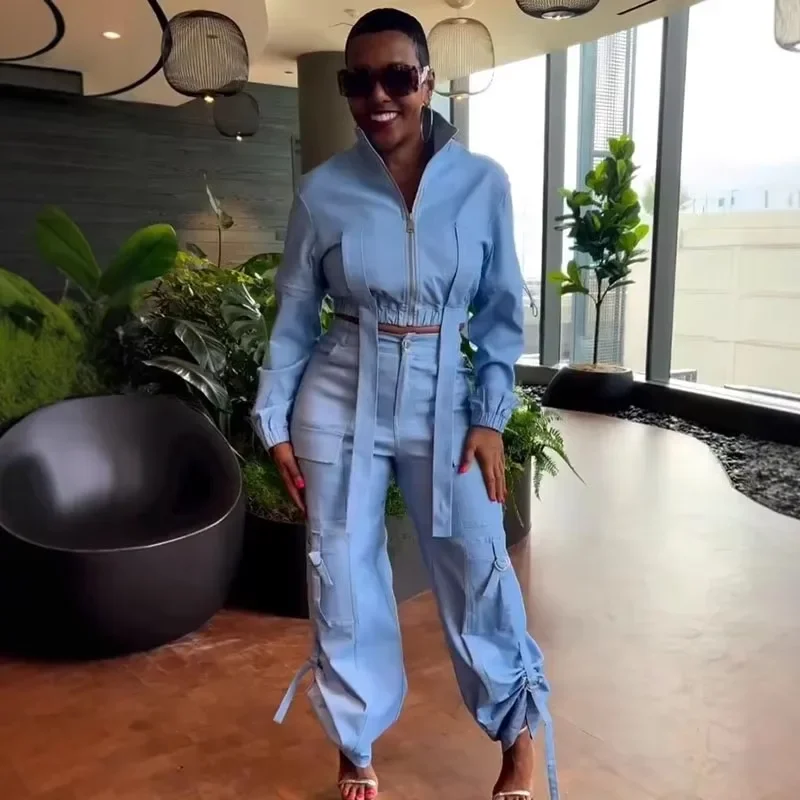 Streetwear Dwuczęściowy zestaw dla kobiet Odzież Zamek błyskawiczny Kurtka z golfem Wstążka Top i spodnie Cargo Dopasowane zestawy Stroje Dresy