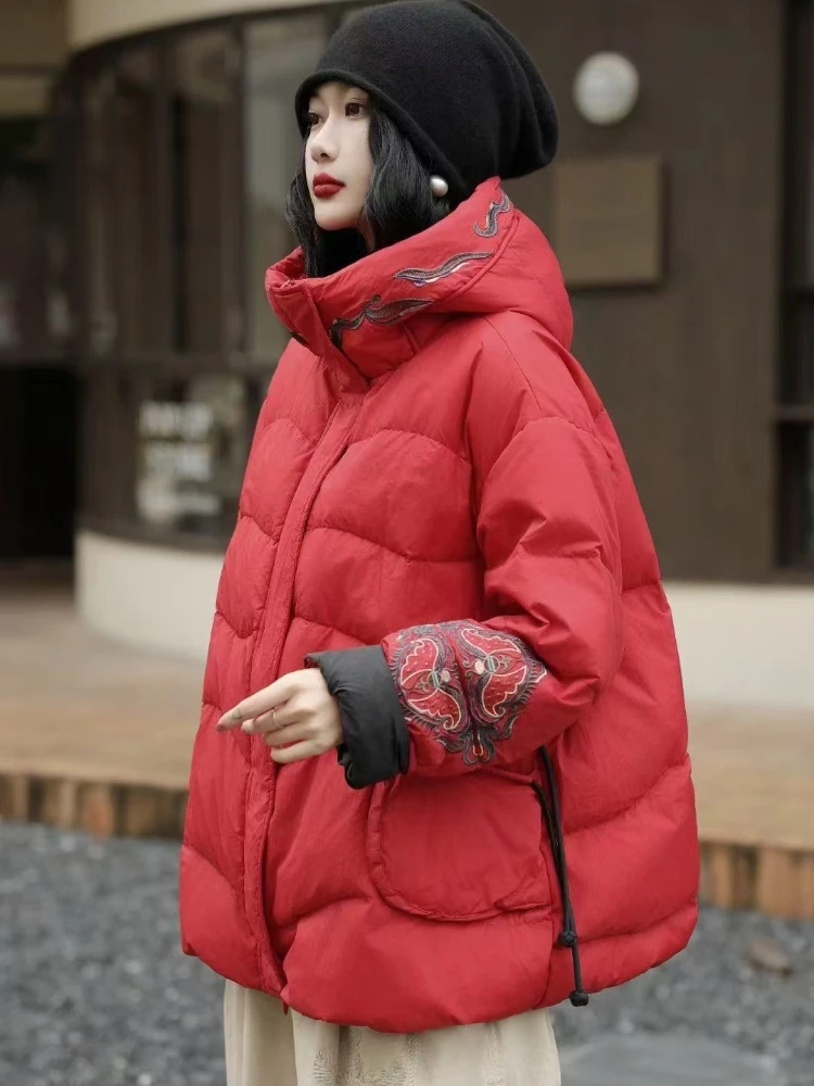 Chaqueta de plumón para mujer, Parkas informales holgadas y cálidas de gran tamaño con capucha y empalme de longitud media, prendas de vestir de invierno, abrigo acolchado de pato blanco 90, novedad de 2025