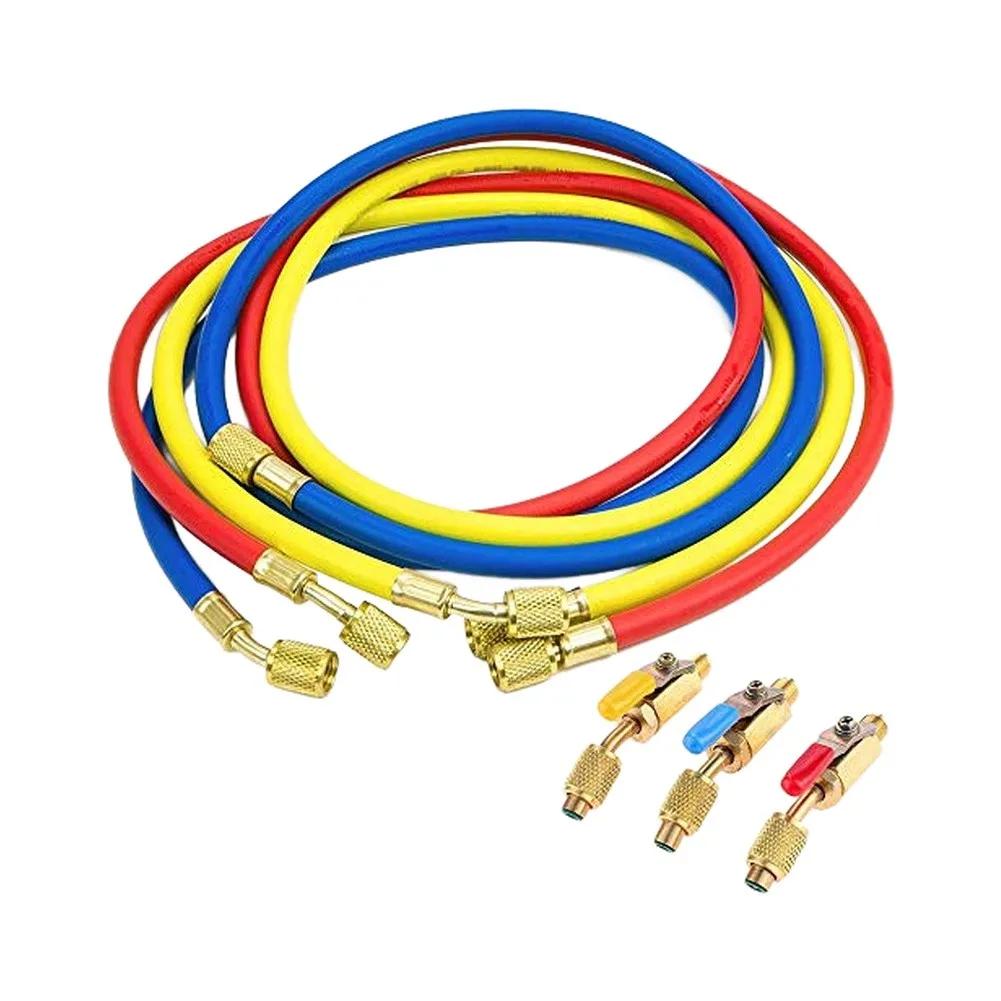 Coolant Charging Hose Set Featuring 14 Compliance Ball Valve and 45 Deg Bend for R134A R22 R401 HVAC System Servicing