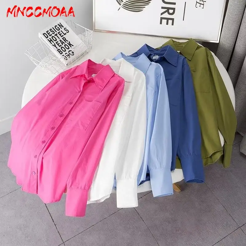 MNCCMOAA 2024 High Quality Spring Summer Women Fashion Vintage Green Shirt Female Casual Loose Long Sleeve Pocket Blouse Tops