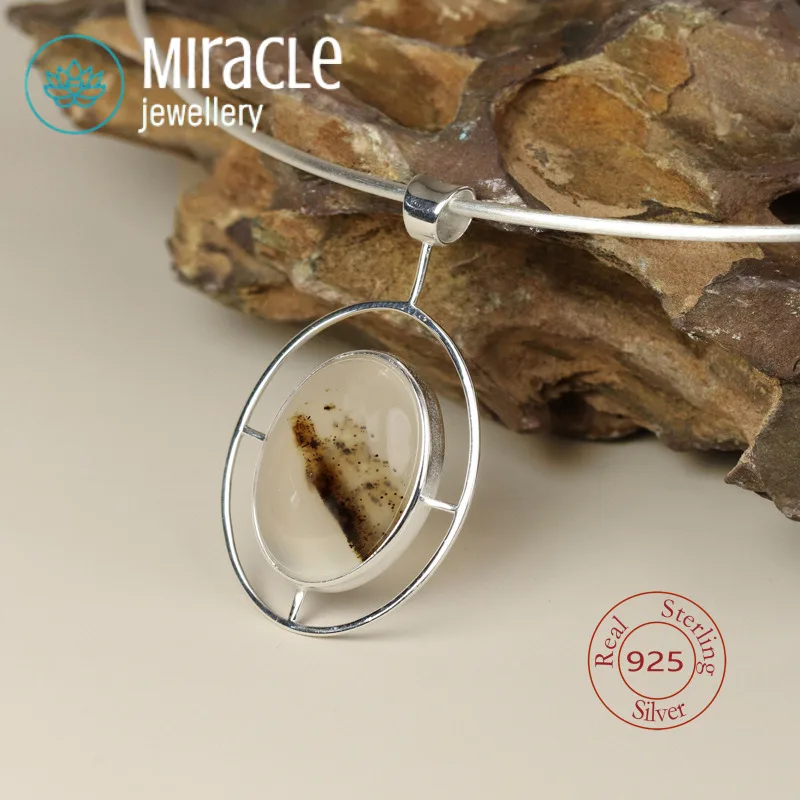 Miracle Sterling Silver 925 Original Design  Clarity Inlaid Landscape Agate Niche Artistic Geometric Minimalist Style  Pendant
