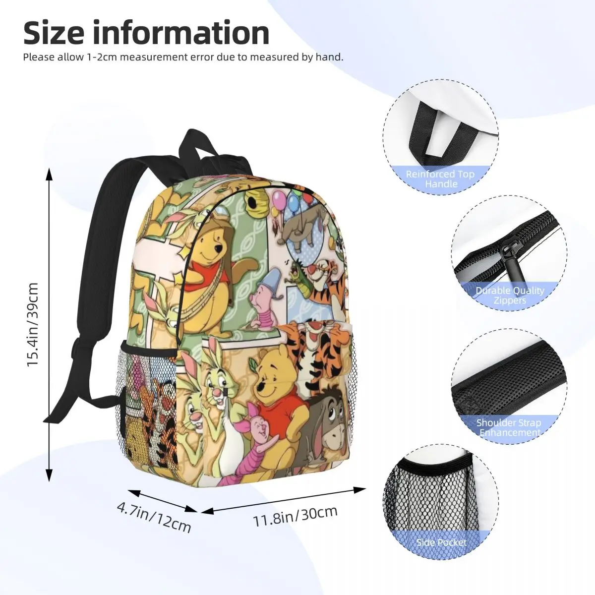 Mochila compacta Pooh Bear de 15 polegadas – Bolsa leve e elegante, perfeita para estudantes e viajantes