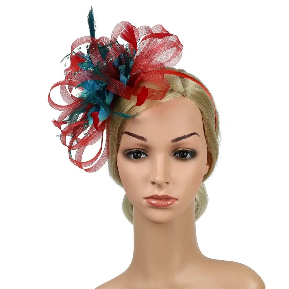 Women Royal Races Wedding  Bride Hair Fascinator Headdress Flower Hairclip Headband Beaded Feather