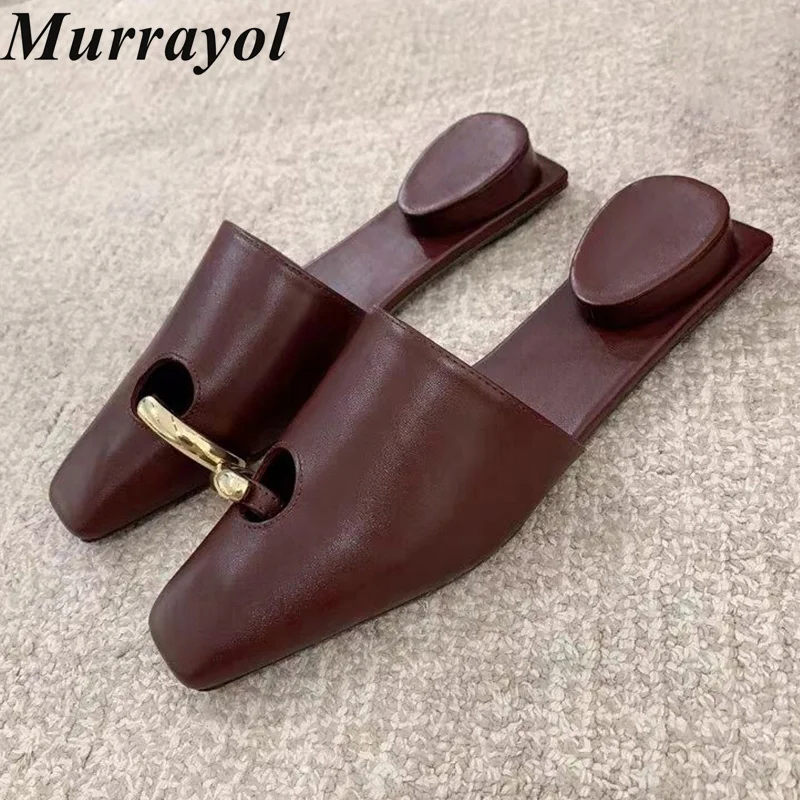 Genuine Leather Square Toe Closed Toe Slippers Lazy Mules Women Solid Color Metal Ring Decor Flat Sandals Summer Vacation Shoes